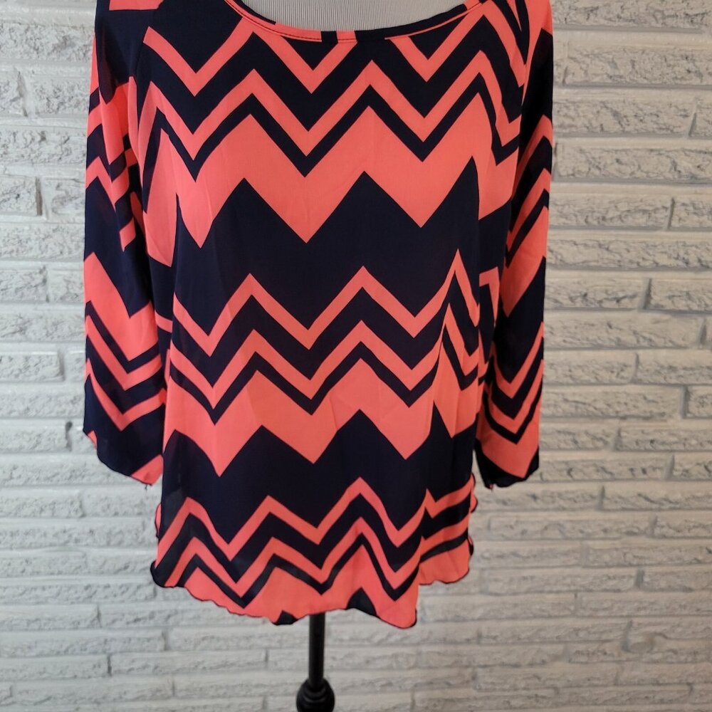 Absolute Angel Women XL Top Pink Blue Zig Zag Boat Neck Long Sleeve GEO14E - Picture 4 of 7